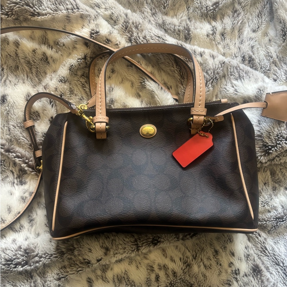 Brown Coach Purse with Tan Handles and Gold Hardware